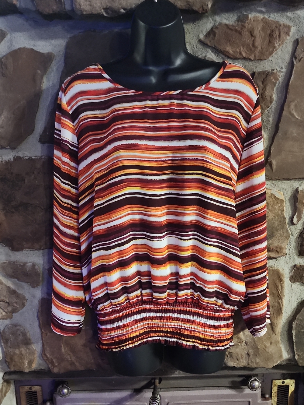 Sami & Jo Striped Boatneck Blouson Top in Orange, Brown, Cream, White